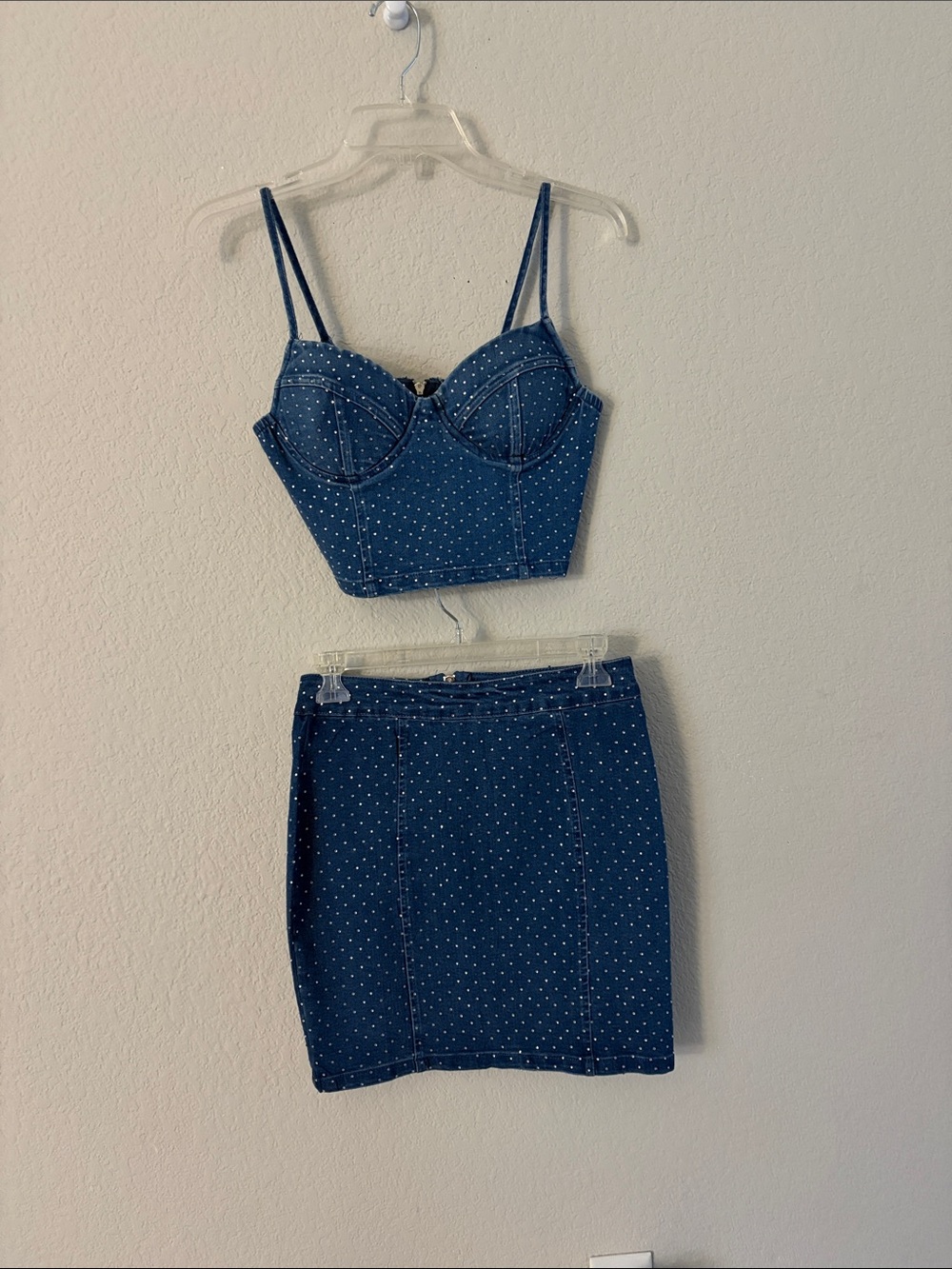 Rhinestone Denim Bustier Crop Top & Mini Skirt Set